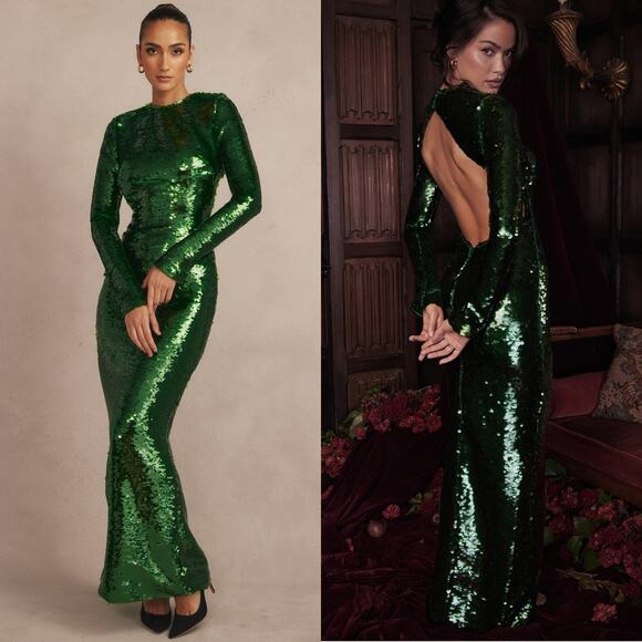 House of CB Belle Pine Green Sequin Maxi Dress Size Small - Picture 2 of 9